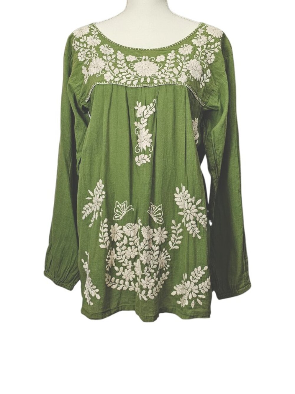 Siren Boho Embroidered Floral Hippie Cotton Long Sleeve Top Size L Fern Green